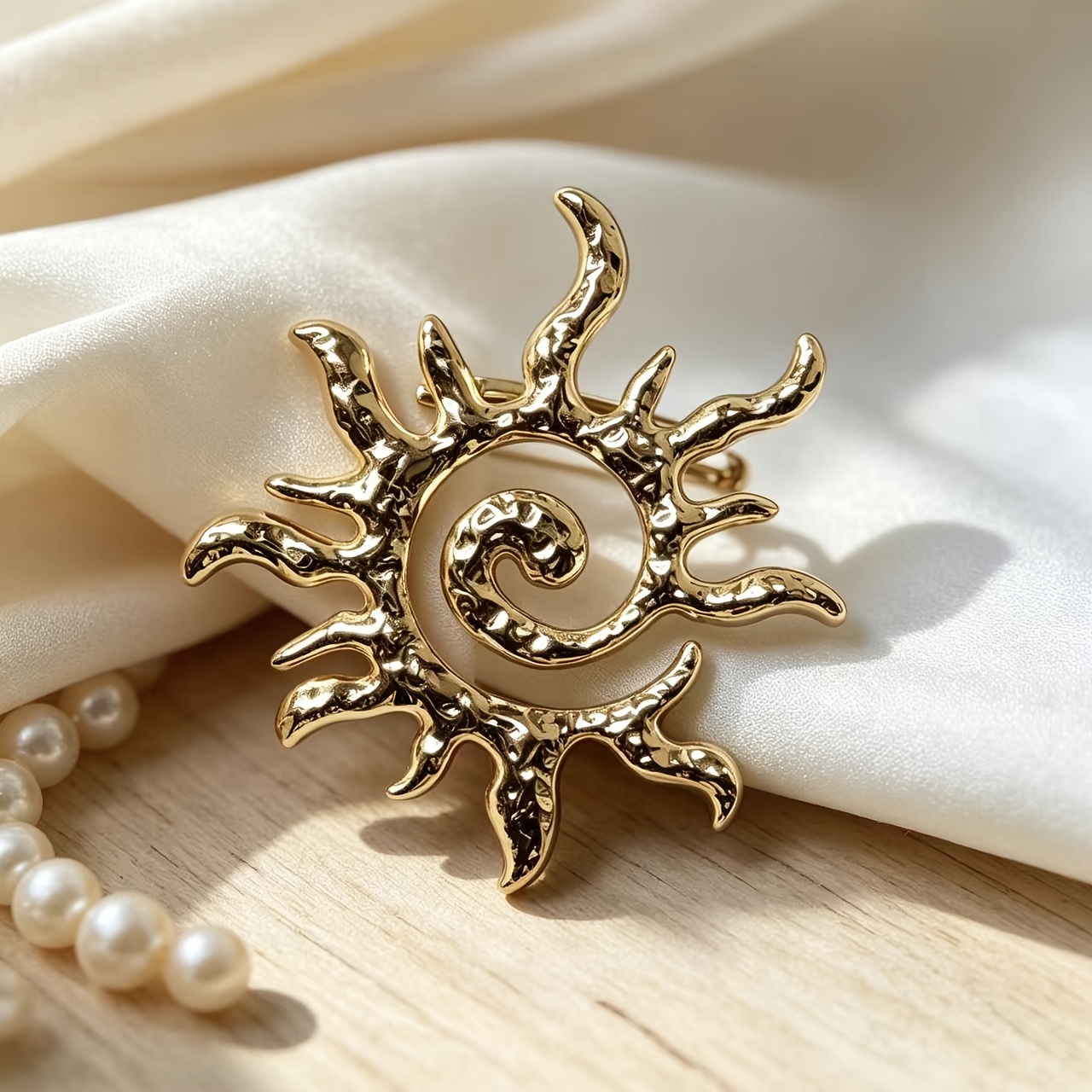 Retro Spiral Sun Brooch, Irregular Hammered Metal Pin
